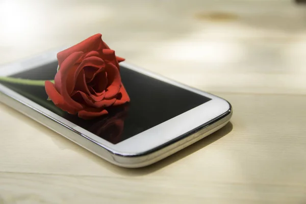 Rosa rossa sul cellulare con schermo bianco sullo zaino del tavolo in legno — Foto Stock