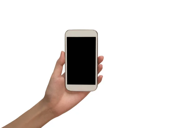 Mujer sosteniendo la mano teléfono inteligente aislado sobre fondo blanco — Foto de Stock