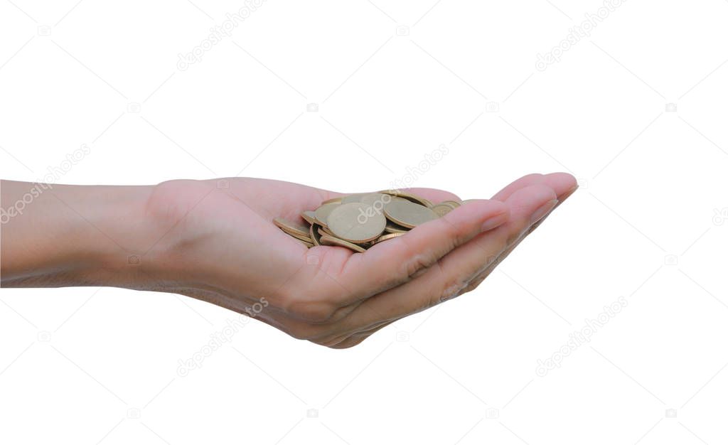 Handful of coins in palm hands. Hands with coins isolated