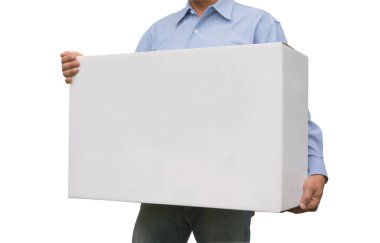Beyaz arka plan üzerinde izole beyaz kutu taşıyan iş adamı