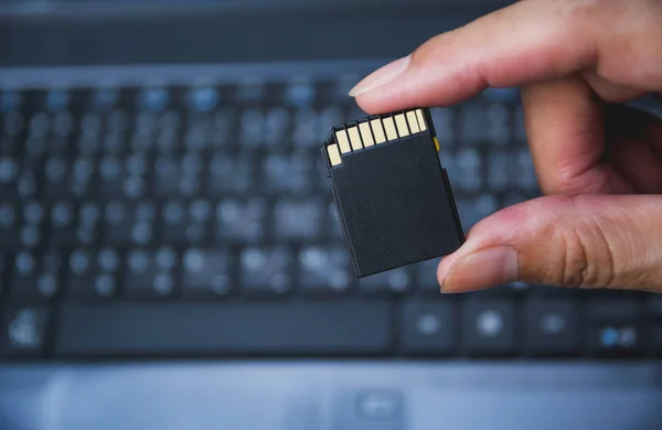 Photographer's hand holding memory card for preparing plug-in to computer. — Stock Photo, Image