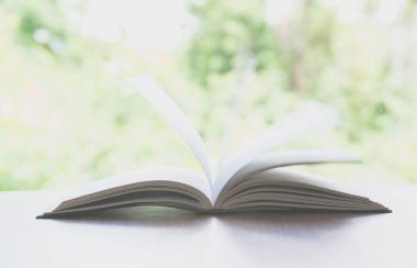 kitap açın. Kitap, açık, doğa arka plan üzerinde eski ahşap masa.
