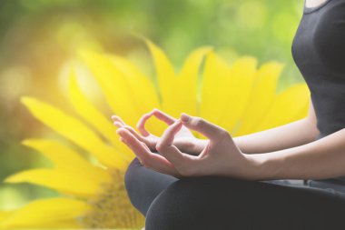 Close-up of feminine and masculine arms and crossed legs during meditation with sunflower background. clipart