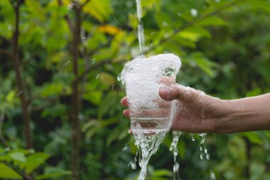 Cam doğa arka plan üzerinde kadın el ile dökülen su.