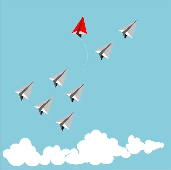 Papírové červené letadlo jako vůdce mezi bílé letadlo, vůdcovství, koncepce týmové práce. — Stockový vektor