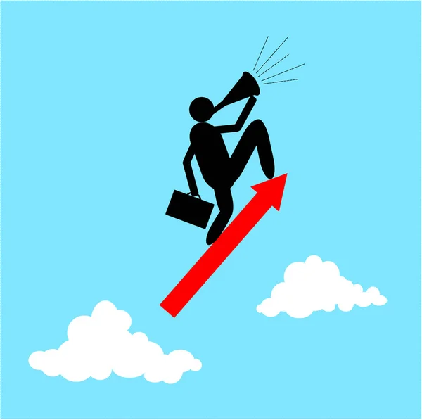 Vektor eines Geschäftsmannes, der auf einem fliegenden Pfeil steht. Geschäfts- und Aufstiegskonzept. — Stockvektor