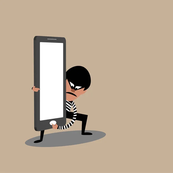 Vektor zloděj drží chytrý telefon. Hacker krade data koncept. — Stock fotografie