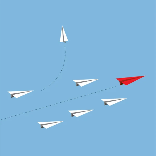 Avión rojo de papel vectorial como líder entre avión blanco, liderazgo, concepto de trabajo en equipo . — Archivo Imágenes Vectoriales
