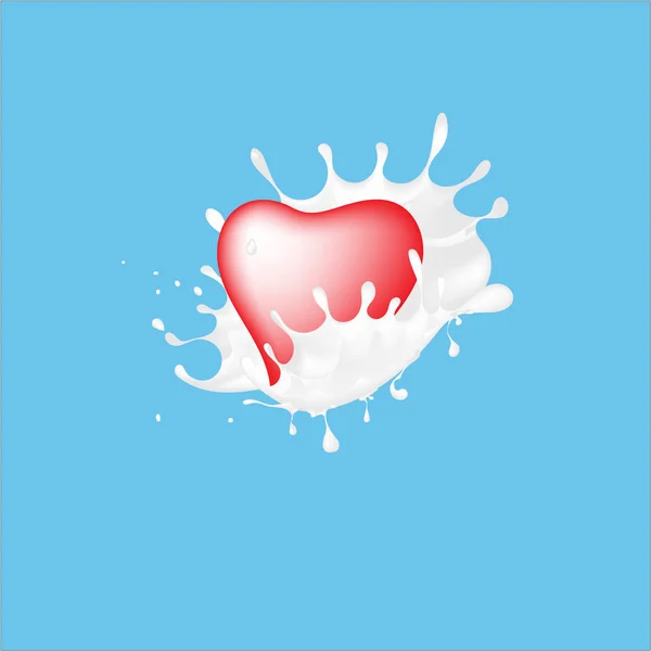 Vettore di spruzzi di latte con il cuore. Schizzo di latte su fondo blu . — Vettoriale Stock