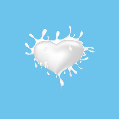 Vektör süt sıçrama şekli kalp. Mavi arka plan üzerinde süt fışkırmasını.