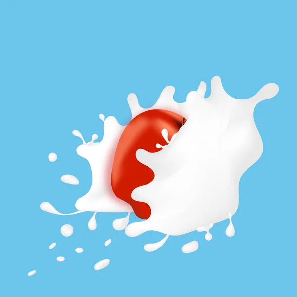 Векторні бризки молока з червоним яблуком. Розщеплення молока на синьому фоні . — стоковий вектор