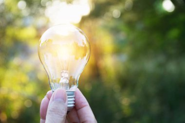 Fikir veya başarı veya güneş enerjisi kavramı için ampul tutan kişi el.