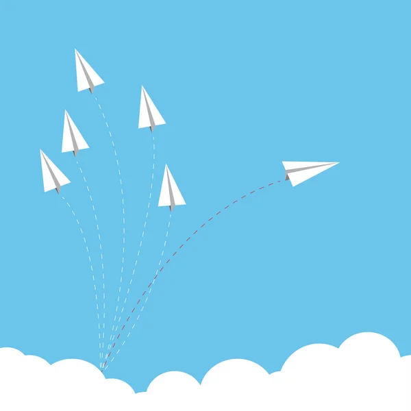 Papírové letadlo jako vůdce mezi další letadlo, vedení, týmová práce na pozadí modré oblohy. — Stockový vektor