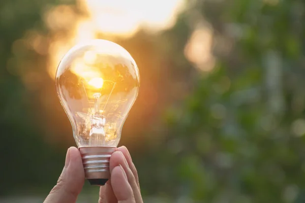 Ruka člověka drží žárovku za nápad nebo úspěch nebo solární energetické koncepce. — Stock fotografie