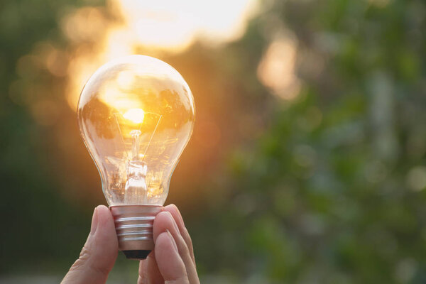 Hand of person holding light bulb for idea or success or solar energy concept.