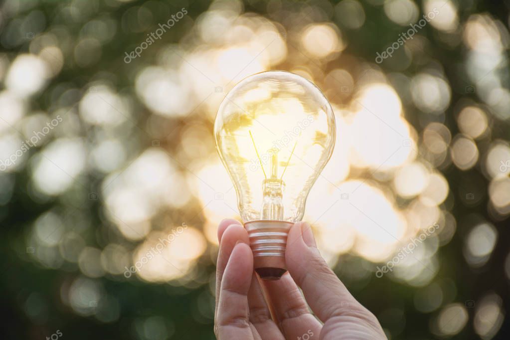 Hand of person holding light bulb for idea or success or solar energy concept.