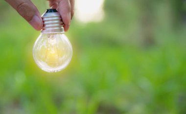 Fikir veya başarı veya güneş enerjisi kavramı için ampul tutan kişi el.