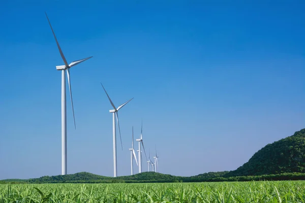 Turbine eoliche sotto il cielo blu. Turbine eoliche che generano elettricità . — Foto Stock