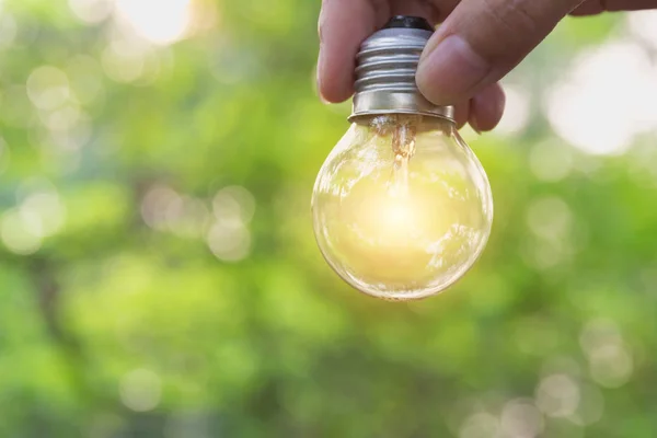 Hand einer Person mit Glühbirne für Idee oder Erfolg oder Solarenergiekonzept. — Stockfoto