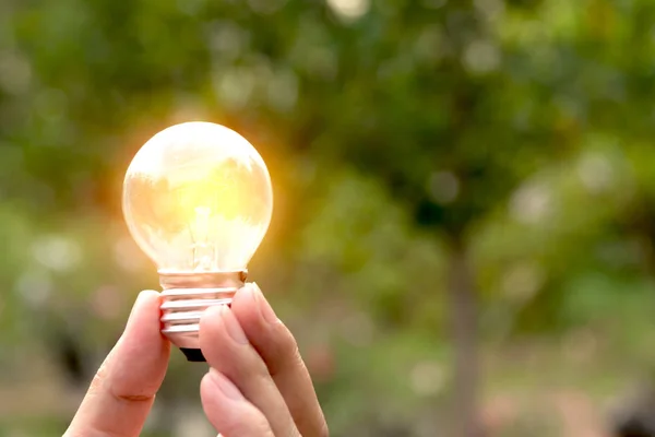 Mano sosteniendo bombillas con resplandor en el suelo. Idea, creatividad y ahorro de energía con el concepto de bombillas . — Foto de Stock