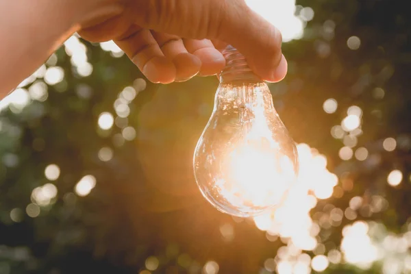 Hand hält Glühbirnen mit Leuchten auf dem Boden. Idee, Kreativität und Energiesparen mit Glühbirnenkonzept. — Stockfoto