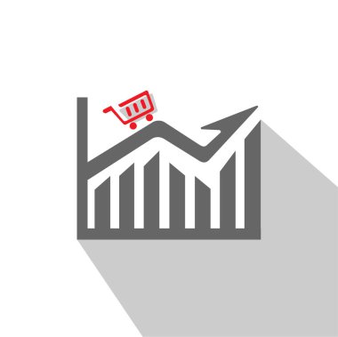 Beyaz arka plan üzerinde izole trendy düz stil alışveriş sepeti ile grafiğini çizin. Grafik bar sembolü. Vektör çizim.