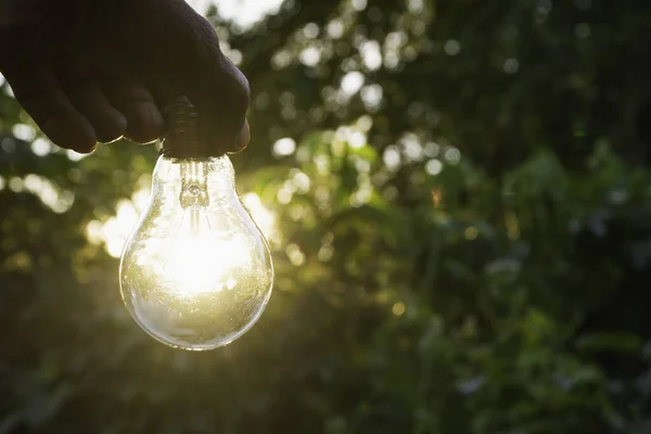 Innovation et énergie concept de main tenir une ampoule et copier — Photo