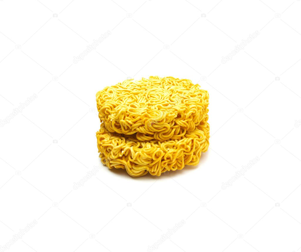 Raw dry instant noodle isolated on white background. Food and ob