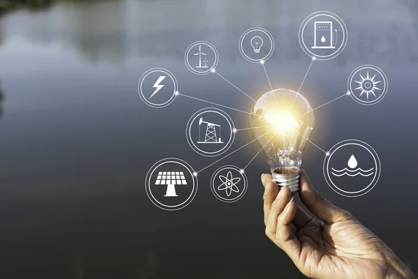 Concepto Innovación Energía Mano Sostiene Una Bombilla Espacio Copia Para — Foto de Stock