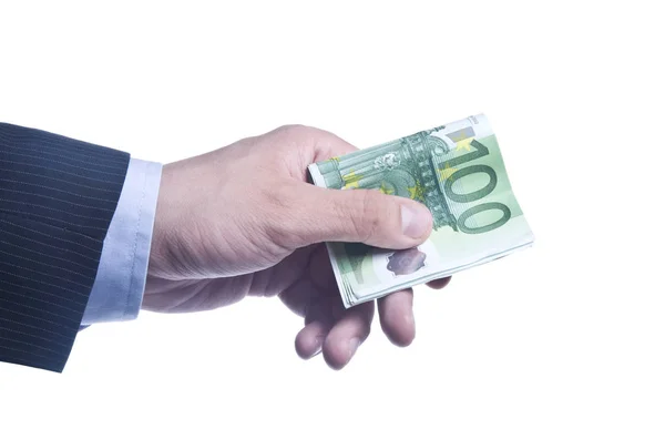 Man's hand holds a pack of euros — Stock Photo, Image