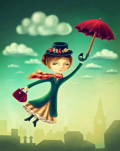 Woman flying with an umbrella