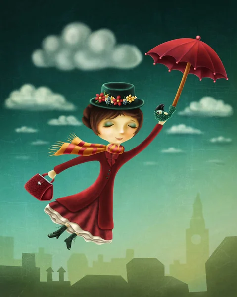 Woman flying with an umbrella — Stock Photo, Image