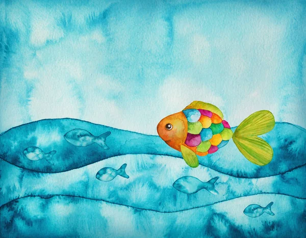 Renkli balıklar. Suluboya resim — Stok fotoğraf