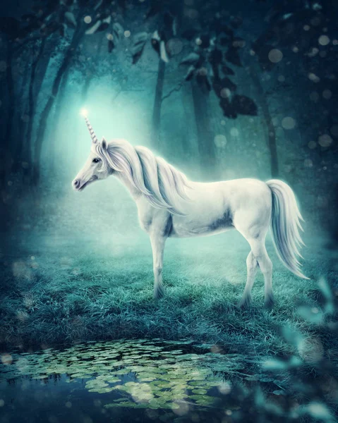 Unicornio blanco en un bosque — Foto de Stock