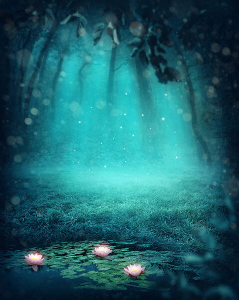 Dark magic forest with a lake