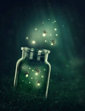 Fireflies leaving the glass clipart