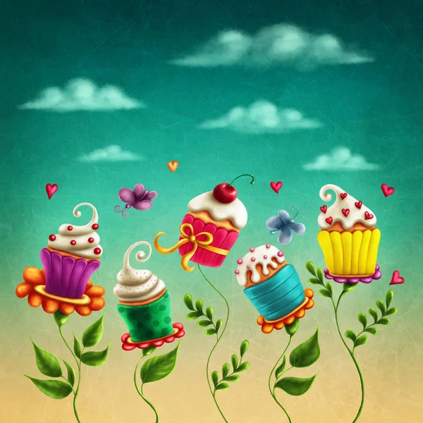 Cup cakes flowers — Stock Photo, Image