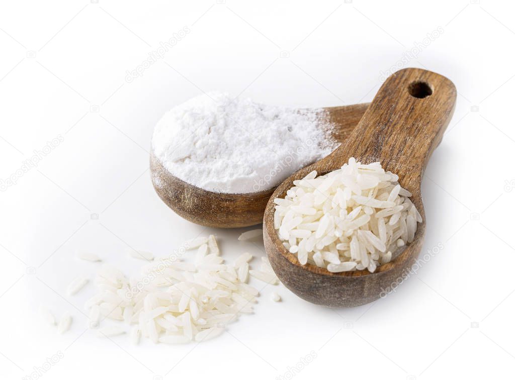 Rice flour in a wooden spoon