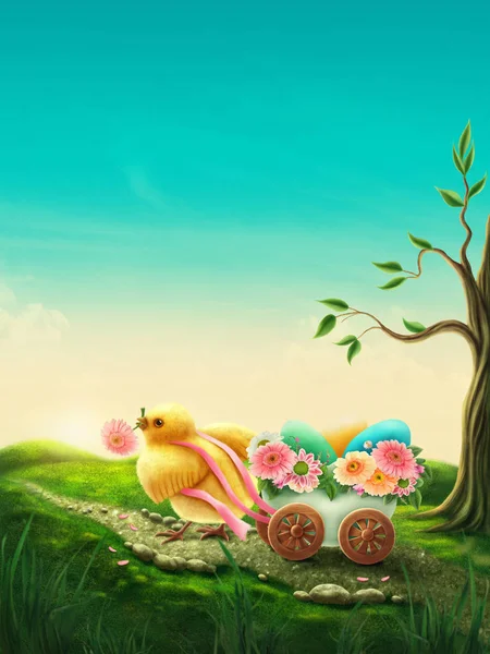 Chicken and the carriage with easter eggs — Stock Photo, Image