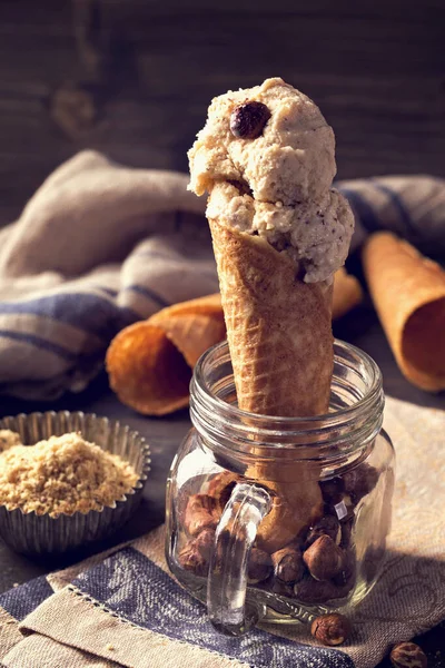 Hazelnut Ice Cream Con — Stock Photo, Image