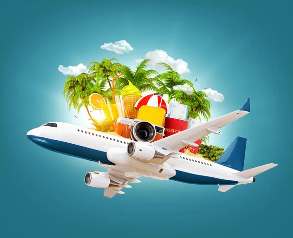 Passenger airplane, tropical palms — Stock Photo, Image