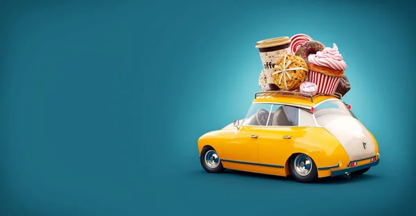 Cute fantastic chocolade car with sweets and coffee on top. — Stock Photo, Image