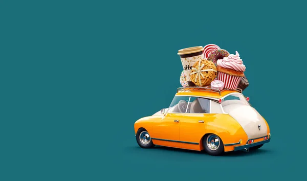 Χαριτωμένο φανταστική chocolade αυτοκίνητο με γλυκά και καφέ στην κορυφή. — Φωτογραφία Αρχείου