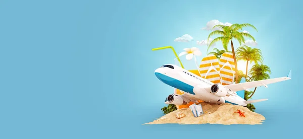 Flygplan och tropisk palm på en paradisö — Stockfoto