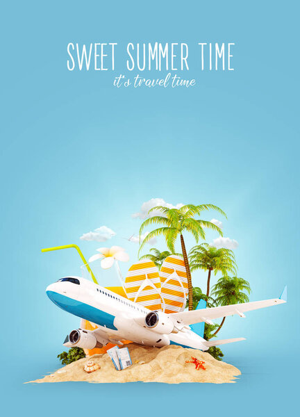 airplane and tropical palm on a paradise island