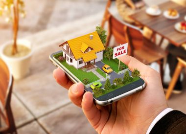 Smartphone application for online searching, buying, selling and booking real estate. Unusual 3D illustration of beautiful house on smart phone in hand clipart