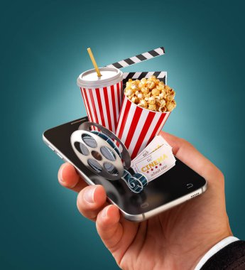 Smartphone Uygulama online satın alma ve sinema biletleri rezervasyon. Canlı film ve video izlemek. Patlamış mısır, sinema reel, tek kullanımlık Kupası, tokmağı ve smarthone bilet alışılmadık 3d çizimi