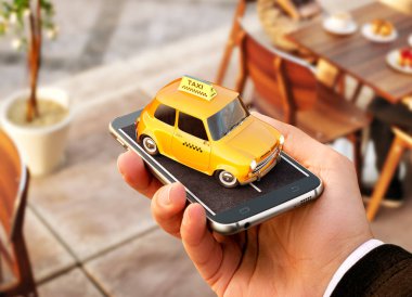 Taksi hizmeti çevrimiçi arama arama ve bir taksi rezervasyon için Smartphone uygulama. Olağandışı 3d çizim Taxi cab akıllı telefon elinde.