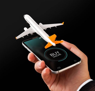 Çevrimiçi arama için Smartphone Uygulama, Internet üzerinde satın alma ve rezervasyon uçuşlar. Online check-in olağandışı ticari uçak üzerinde akıllı 3d çizimi telefon elinde