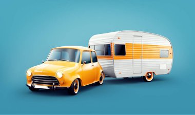 Retro araba beyaz römork ile. Klasik bir karavan alışılmadık 3d Illustration. Kamp ve kavram seyahat